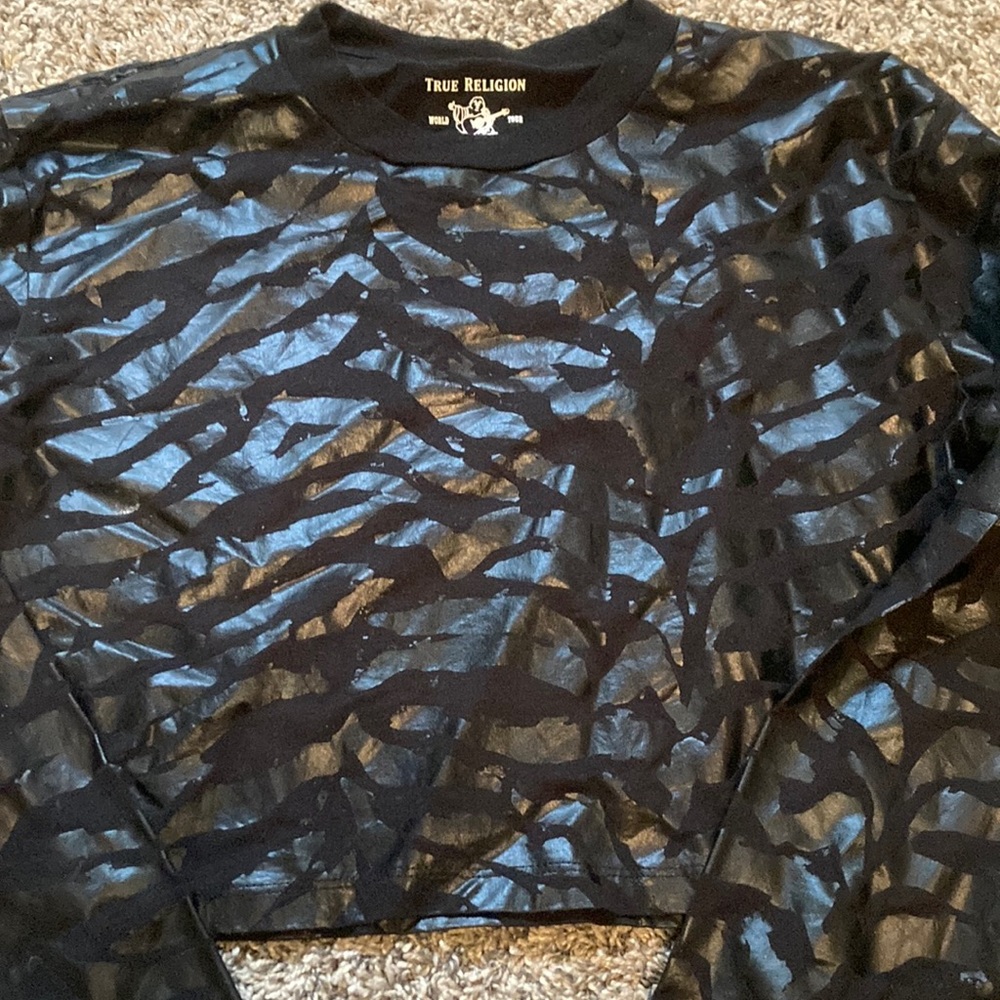 True Religion Black Long Sleeve Animal Print Crop Top (NWOT)